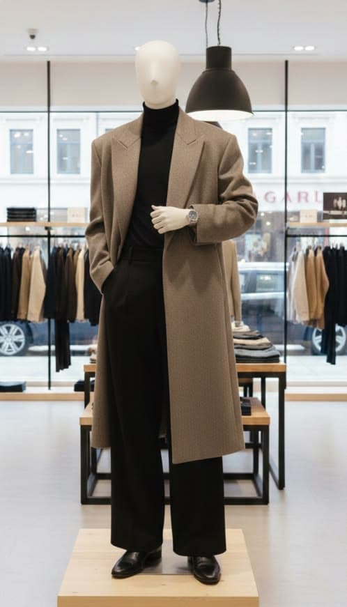Taupe Wool-Blend Long Coat